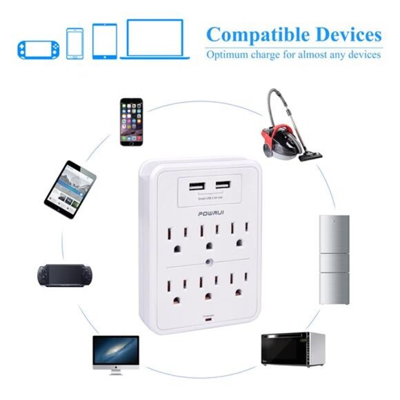 Surge Protector, USB Wall Charger with 2 USB Charging Ports(Smart 2.4A Total) - Picture 5 of 8
